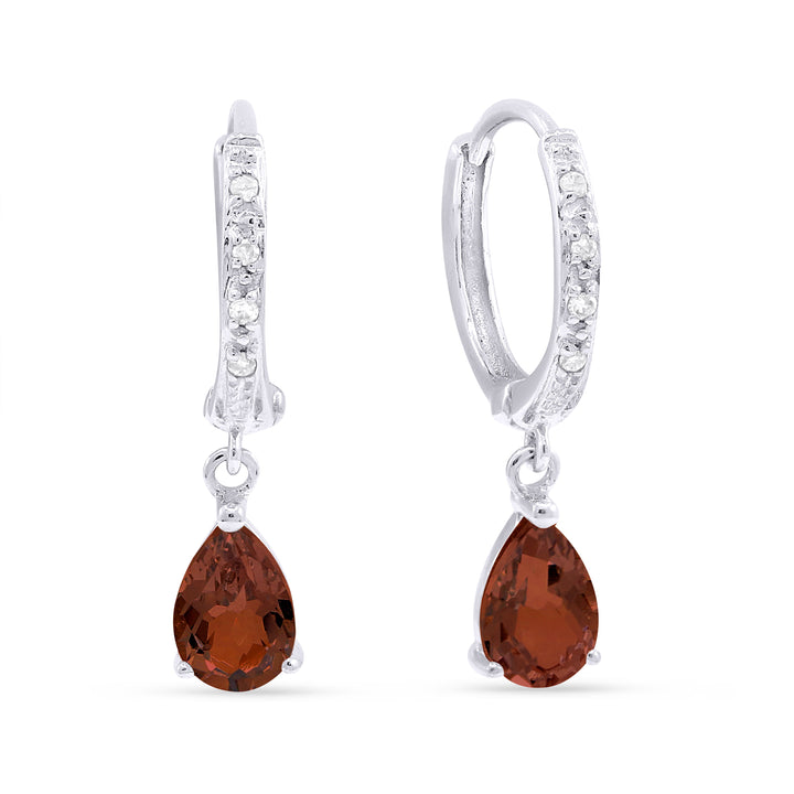 Beautiful Hand Crafted 14K White Gold 4x6MM Garnet And Diamond Essentials Collection Drop Dangle Earrings With A Omega Back Closure