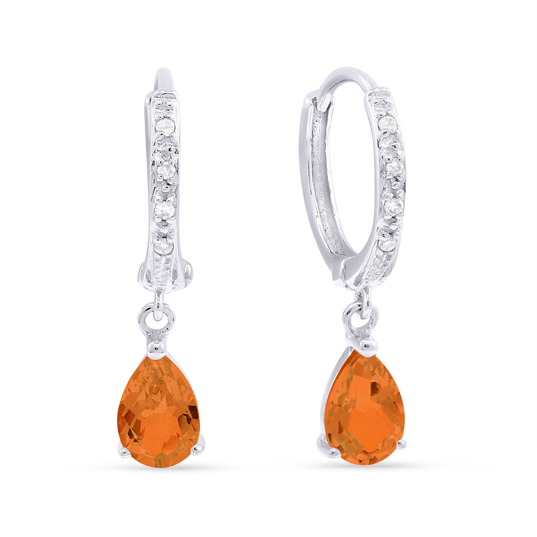 Beautiful Hand Crafted 14K White Gold 4X6MM Created Padparadscha And Diamond Essentials Collection Drop Dangle Earrings With A Lever Back Closure