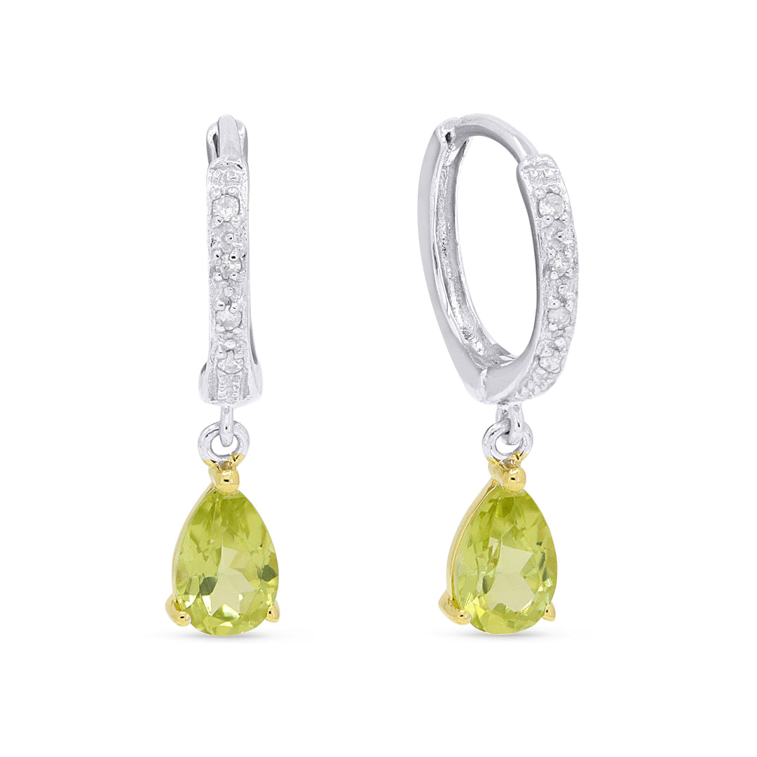 Beautiful Hand Crafted 14K Two Tone Gold 4X6MM Peridot And Diamond Essentials Collection Drop Dangle Earrings With A Lever Back Closure