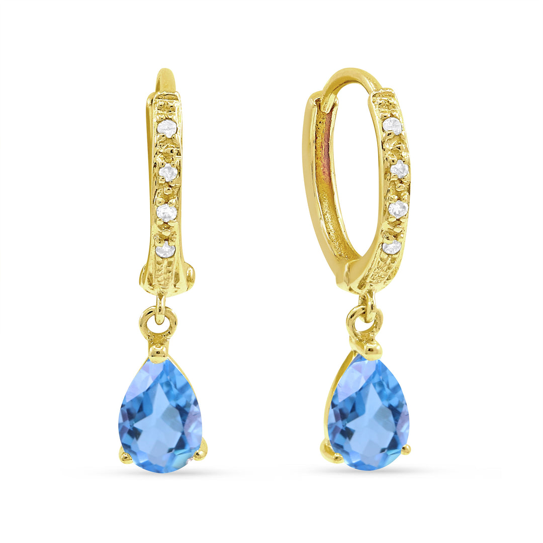 Beautiful Hand Crafted 14K Yellow Gold 4X6MM Swiss Blue Topaz And Diamond Essentials Collection Drop Dangle Earrings With A Lever Back Closure