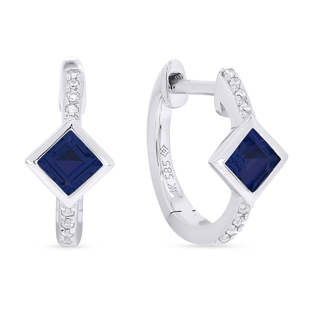 Beautiful Hand Crafted 14K White Gold 5MM Created Sapphire And Diamond Essentials Collection Hoop Earrings With A Hoop Closure