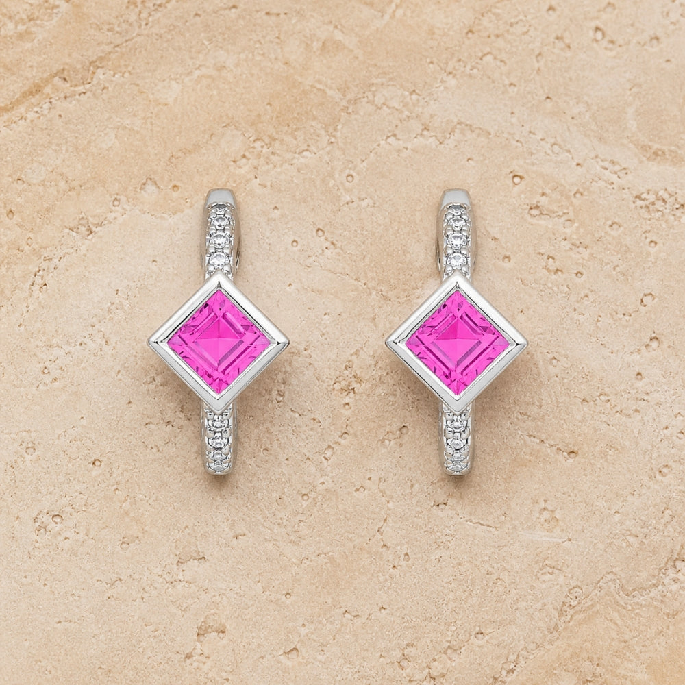 E1473 - 14K White Gold Created Pink Sapphire Huggie Hoop Earrings