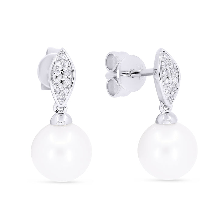 Beautiful Hand Crafted 14K White Gold 7MM Pearl And Diamond Essentials Collection Drop Dangle Earrings With A Push Back Closure