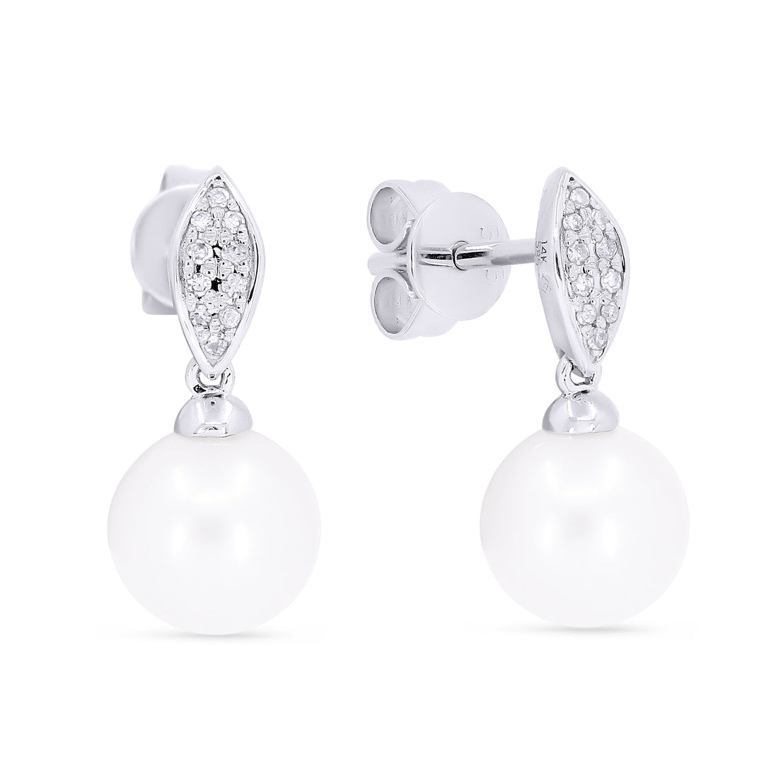 Beautiful Hand Crafted 14K White Gold 8MM Pearl And Diamond Essentials Collection Drop Dangle Earrings With A Push Back Closure