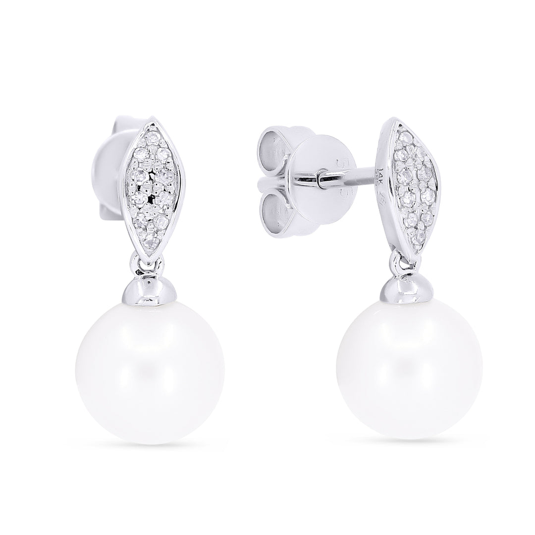Beautiful Hand Crafted 14K White Gold 7MM Pearl And Diamond Essentials Collection Drop Dangle Earrings With A Push Back Closure