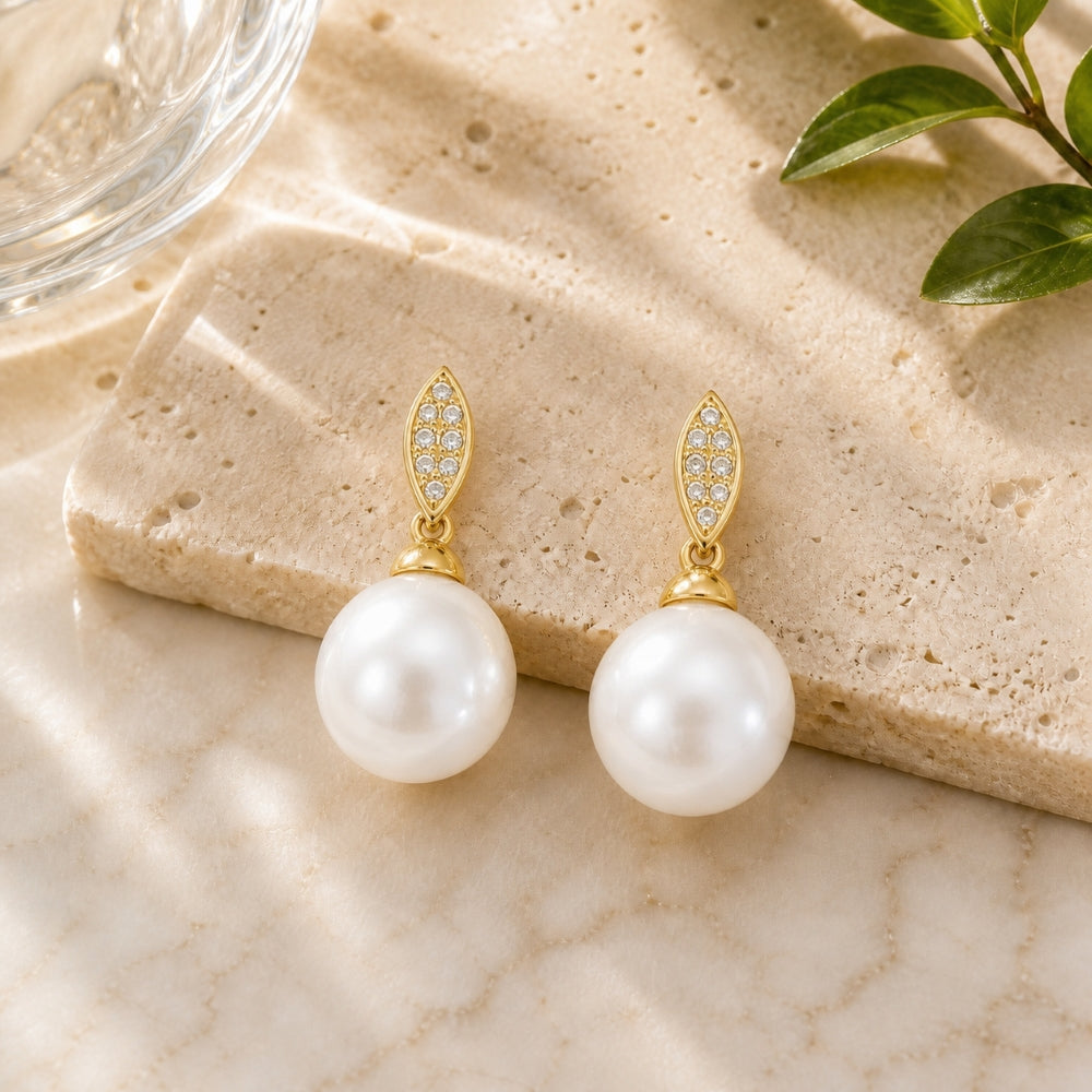 E1479 - 14K Gold Pearl Round Drop Earrings