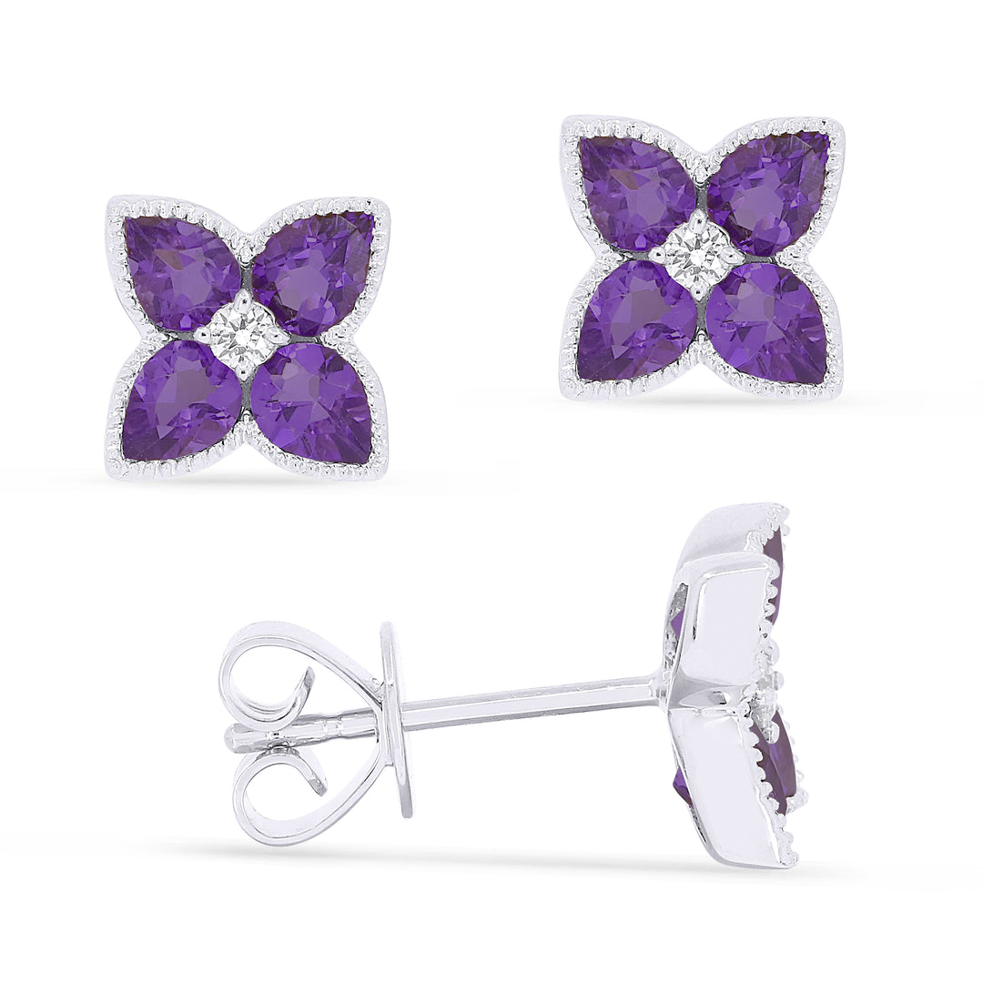 Beautiful Hand Crafted 14K White Gold 3X4MM Amethyst And Diamond Eclectica Collection Stud Earrings With A Push Back Closure