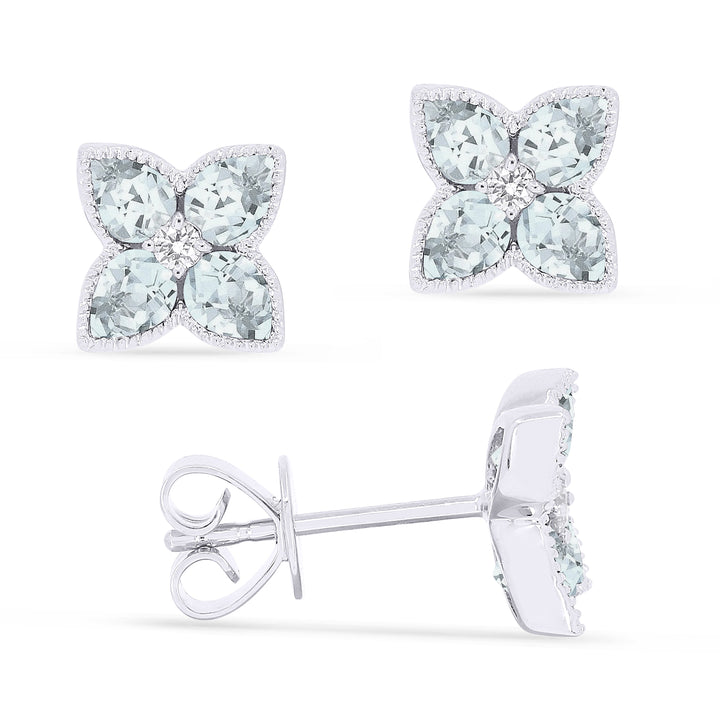 Beautiful Hand Crafted 14K White Gold 3X4MM Aquamarine And Diamond Eclectica Collection Stud Earrings With A Push Back Closure