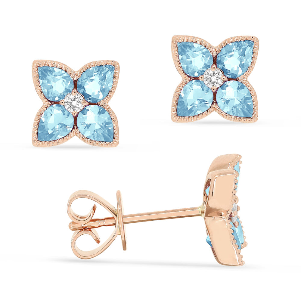 Beautiful Hand Crafted 14K Rose Gold 3X4MM Blue Topaz And Diamond Eclectica Collection Stud Earrings With A Push Back Closure