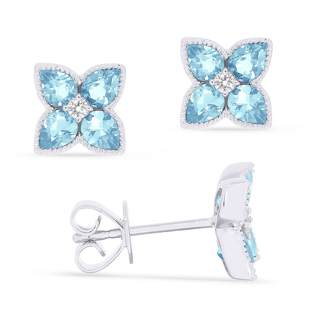 Beautiful Hand Crafted 14K White Gold 3X4MM Blue Topaz And Diamond Eclectica Collection Stud Earrings With A Push Back Closure