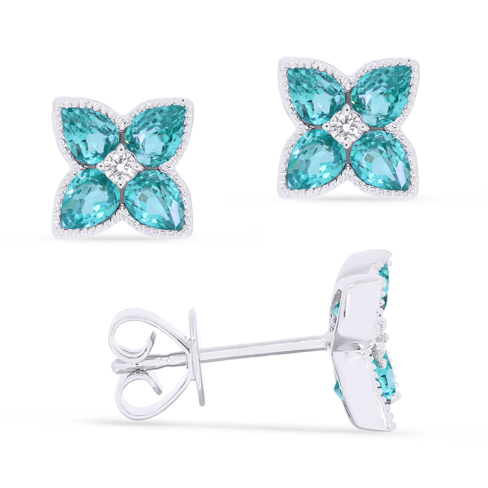 Beautiful Hand Crafted 14K White Gold 3X4MM Created Tourmaline Paraiba And Diamond Eclectica Collection Stud Earrings With A Push Back Closure