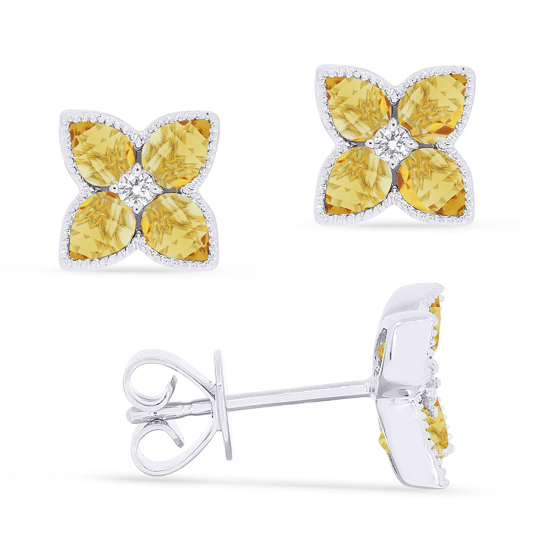 Beautiful Hand Crafted 14K White Gold 3X4MM Citrine And Diamond Eclectica Collection Stud Earrings With A Push Back Closure