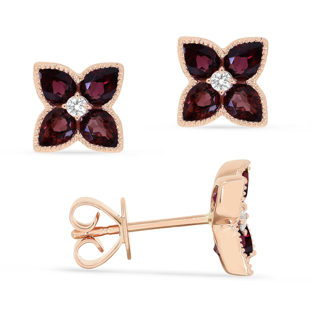 Beautiful Hand Crafted 14K Rose Gold 3X4MM Garnet And Diamond Eclectica Collection Stud Earrings With A Push Back Closure