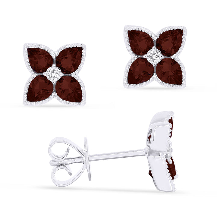 Beautiful Hand Crafted 14K White Gold 3X4MM Garnet And Diamond Eclectica Collection Stud Earrings With A Push Back Closure