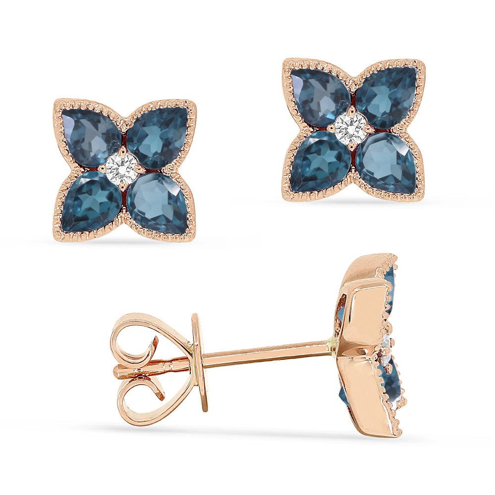 Beautiful Hand Crafted 14K Rose Gold 3X4MM London Blue Topaz And Diamond Eclectica Collection Stud Earrings With A Push Back Closure