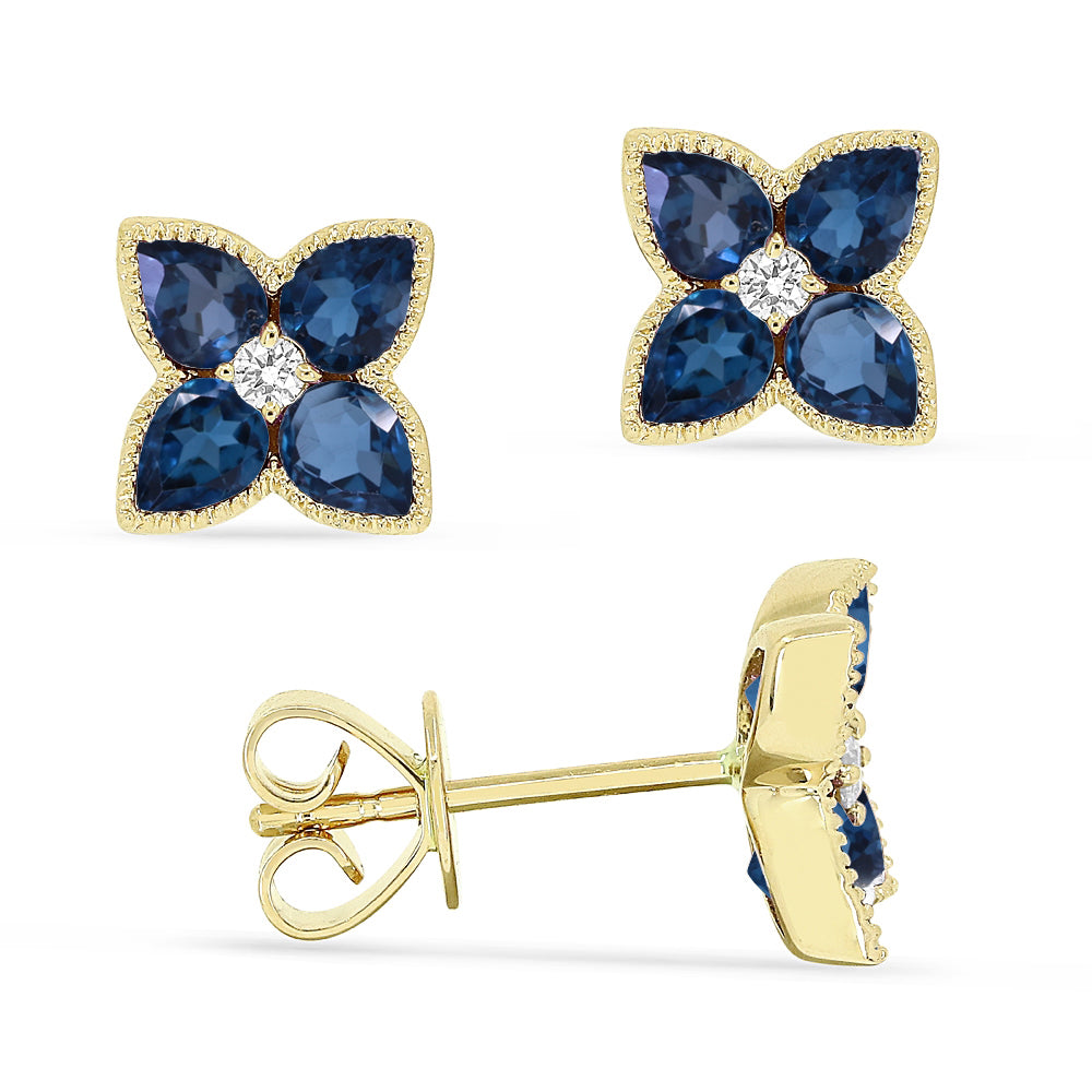 Beautiful Hand Crafted 14K Yellow Gold 3X4MM London Blue Topaz And Diamond Eclectica Collection Stud Earrings With A Push Back Closure