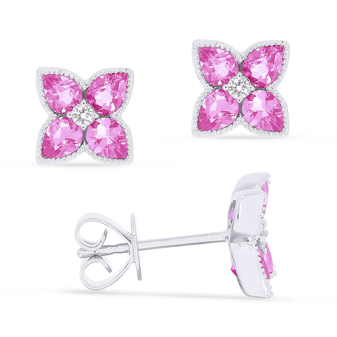 Beautiful Hand Crafted 14K White Gold 3X4MM Created Pink Sapphire And Diamond Eclectica Collection Stud Earrings With A Push Back Closure