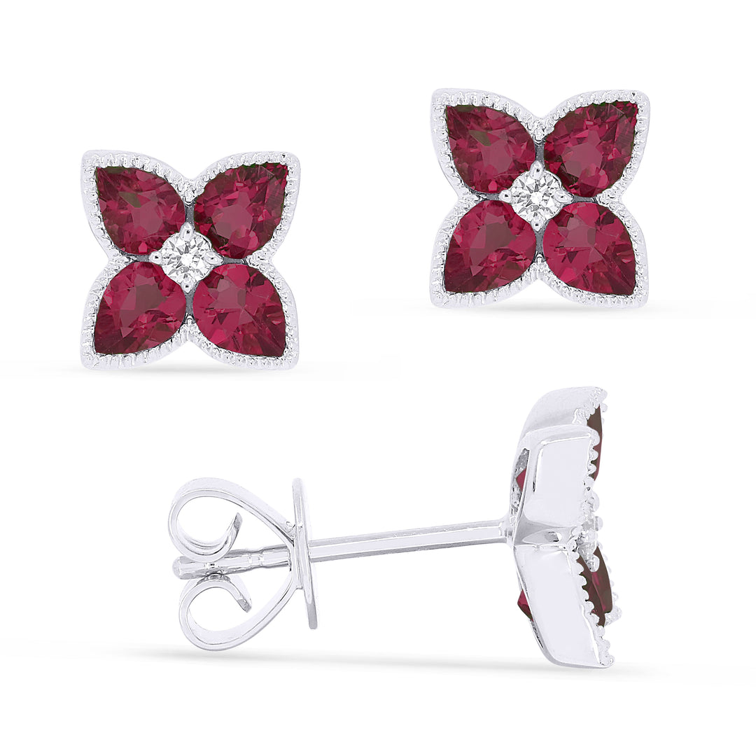 Beautiful Hand Crafted 14K White Gold 3X4MM Created Ruby And Diamond Eclectica Collection Stud Earrings With A Push Back Closure