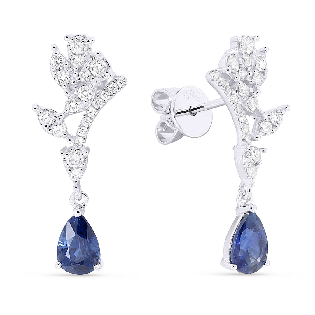 Beautiful Hand Crafted 14K White Gold  Sapphire And Diamond Arianna Collection Drop Dangle Earrings With A Push Back Closure