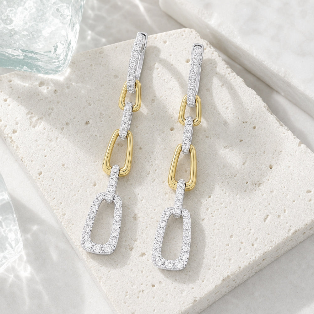 E1497 - 14K Two Tone Gold Diamond Paperclip Drop Earrings