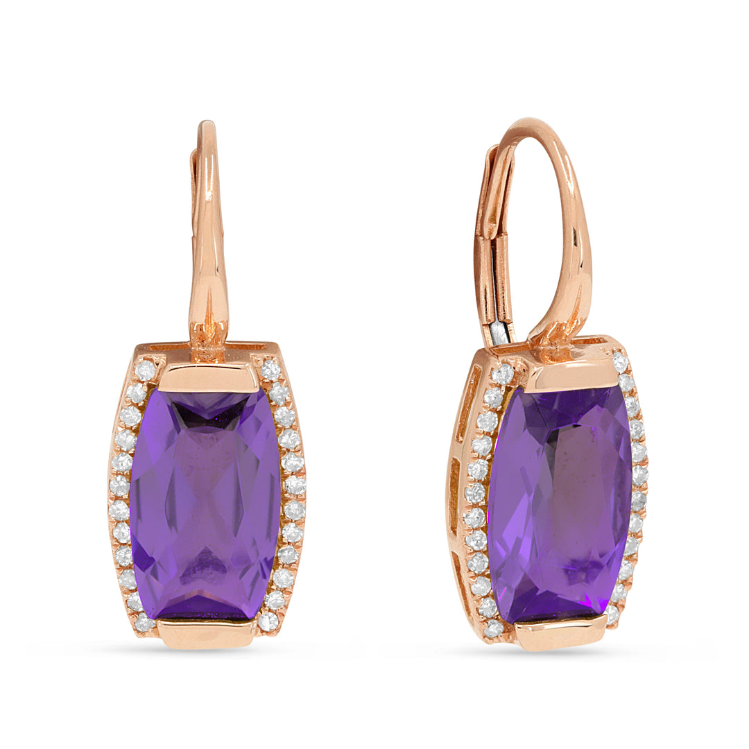 Beautiful Hand Crafted 14K Rose Gold 6x10MM Amethyst And Diamond Essentials Collection Drop Dangle Earrings With A Lever Back Closure