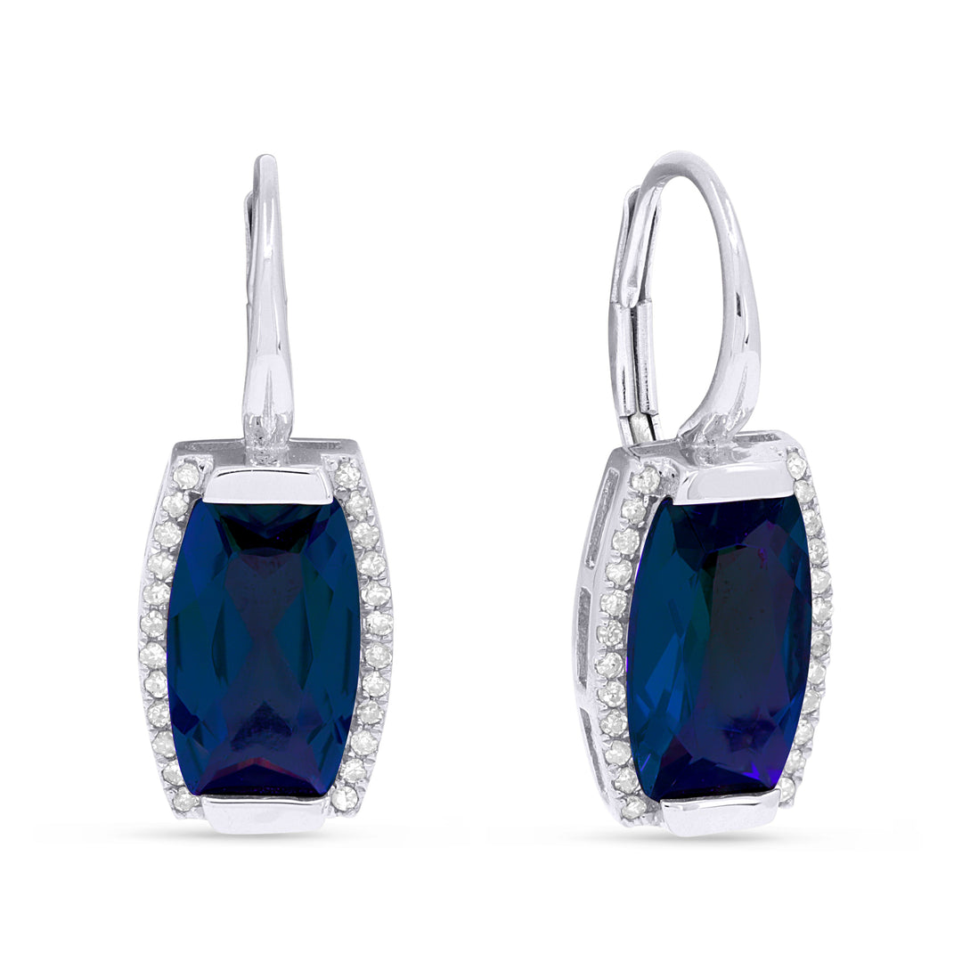 Beautiful Hand Crafted 14K White Gold 6x10MM Created Sapphire And Diamond Essentials Collection Drop Dangle Earrings With A Lever Back Closure