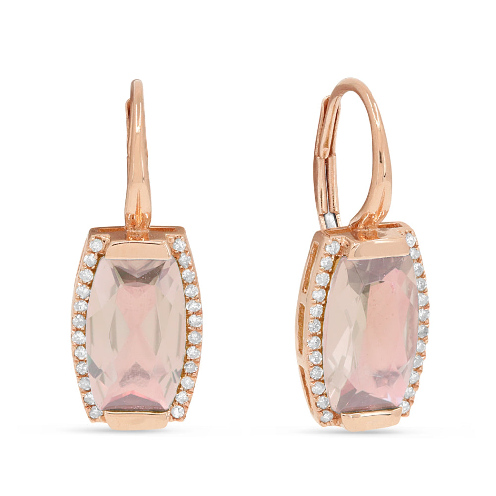 Beautiful Hand Crafted 14K Rose Gold 6x10MM Created Morganite And Diamond Essentials Collection Drop Dangle Earrings With A Lever Back Closure