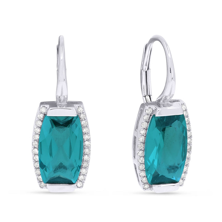 Beautiful Hand Crafted 14K White Gold 6X10MM Created Tourmaline Paraiba And Diamond Essentials Collection Drop Dangle Earrings With A Lever Back Closure