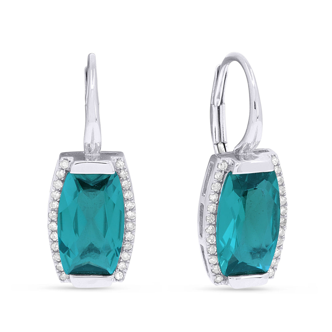 Beautiful Hand Crafted 14K White Gold 6X10MM Created Tourmaline Paraiba And Diamond Essentials Collection Drop Dangle Earrings With A Lever Back Closure