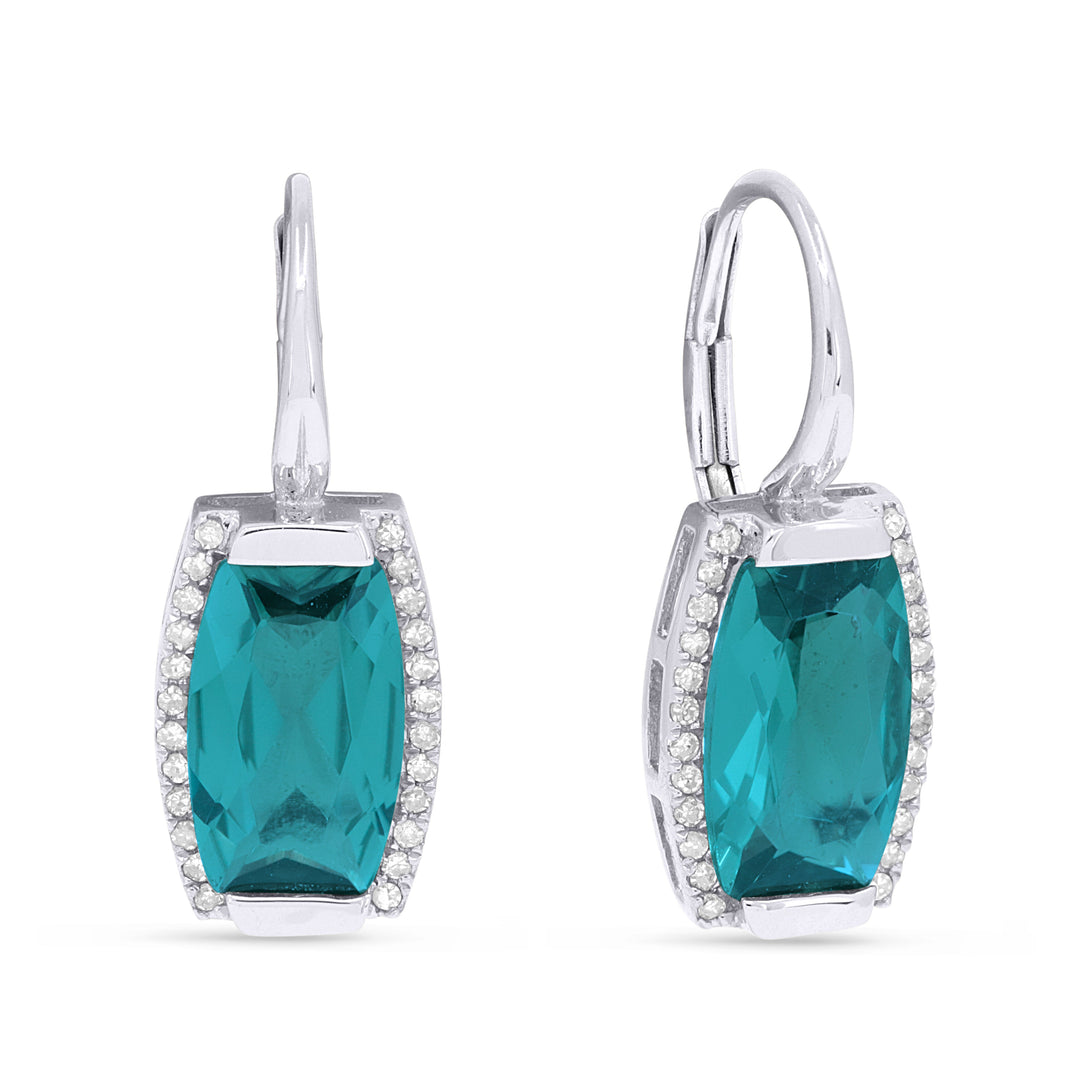 Beautiful Hand Crafted 14K White Gold 6x10MM Created Tourmaline Paraiba And Diamond Essentials Collection Drop Dangle Earrings With A Lever Back Closure