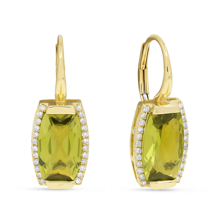 Beautiful Hand Crafted 14K Yellow Gold 6X10MM Peridot And Diamond Essentials Collection Drop Dangle Earrings
