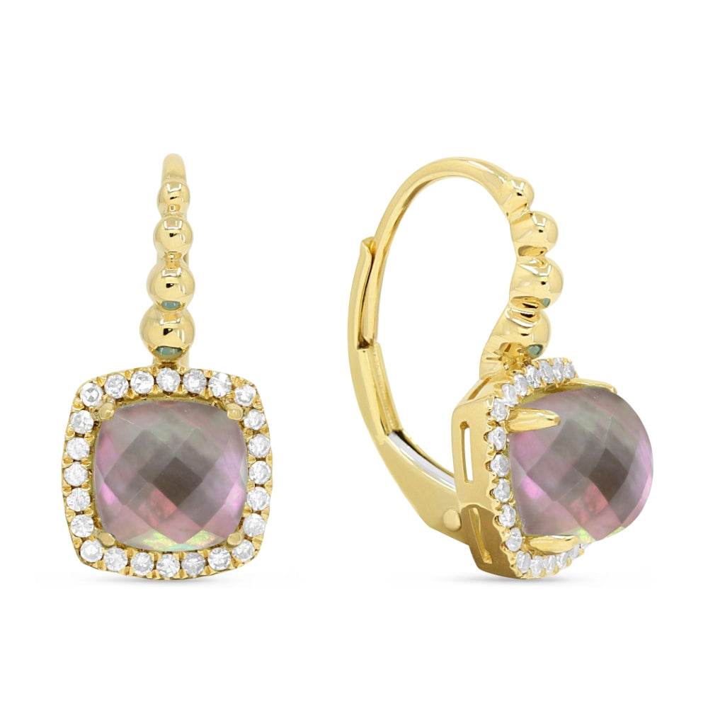 Beautiful Hand Crafted 14K Yellow Gold 6MM Black Mother Of Pearl And Diamond Essentials Collection Drop Dangle Earrings With A Lever Back Closure