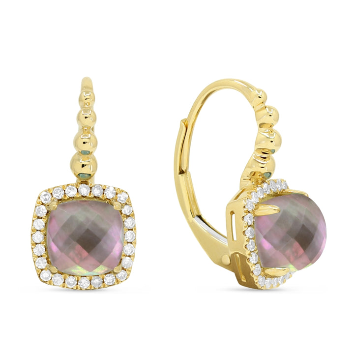 Beautiful Hand Crafted 14K Yellow Gold 6MM Black Mother Of Pearl And Diamond Essentials Collection Drop Dangle Earrings With A Lever Back Closure