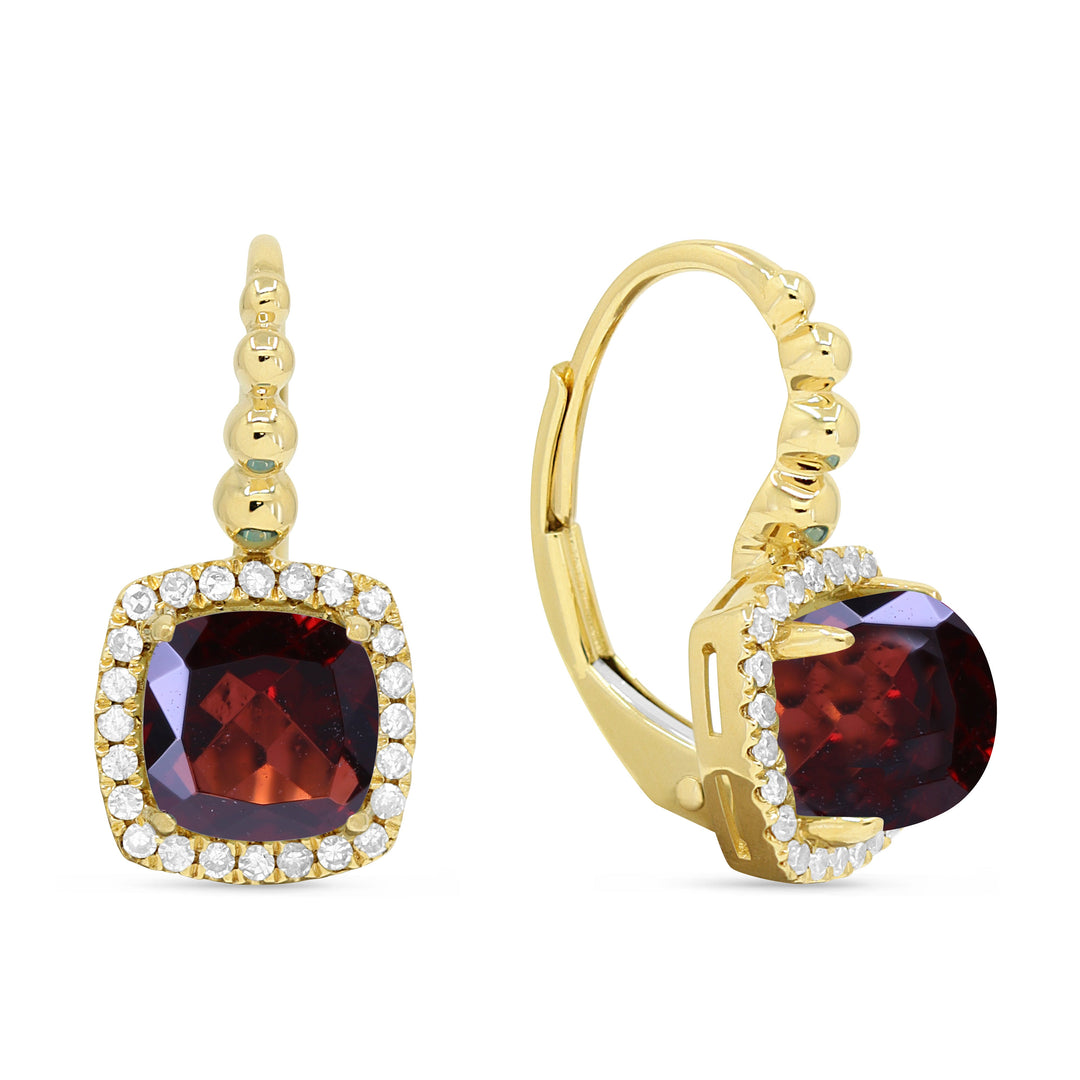 Beautiful Hand Crafted 14K Yellow Gold 6MM Garnet And Diamond Essentials Collection Drop Dangle Earrings With A Lever Back Closure