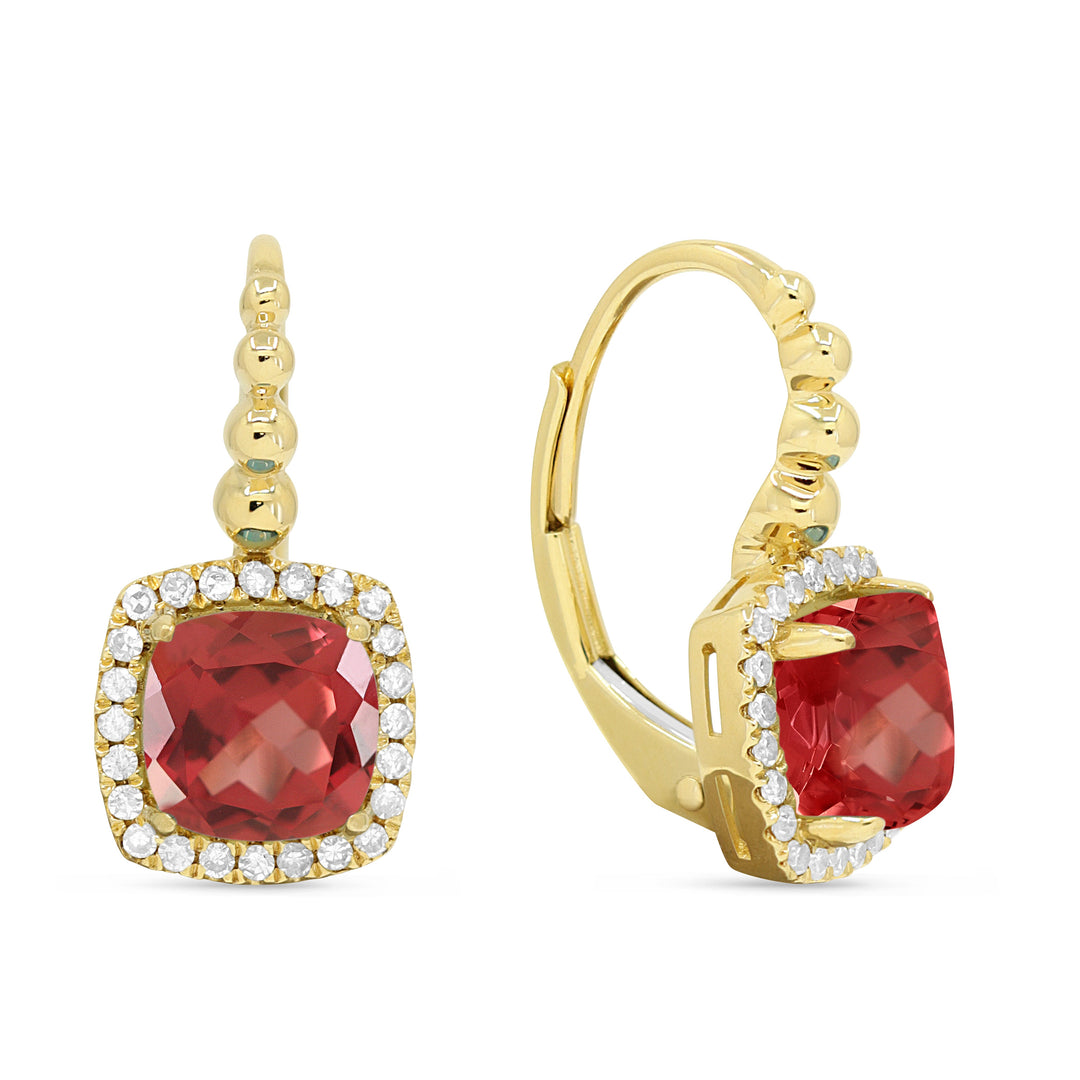 Beautiful Hand Crafted 14K Yellow Gold 6MM Created Padparadscha And Diamond Essentials Collection Drop Dangle Earrings With A Lever Back Closure