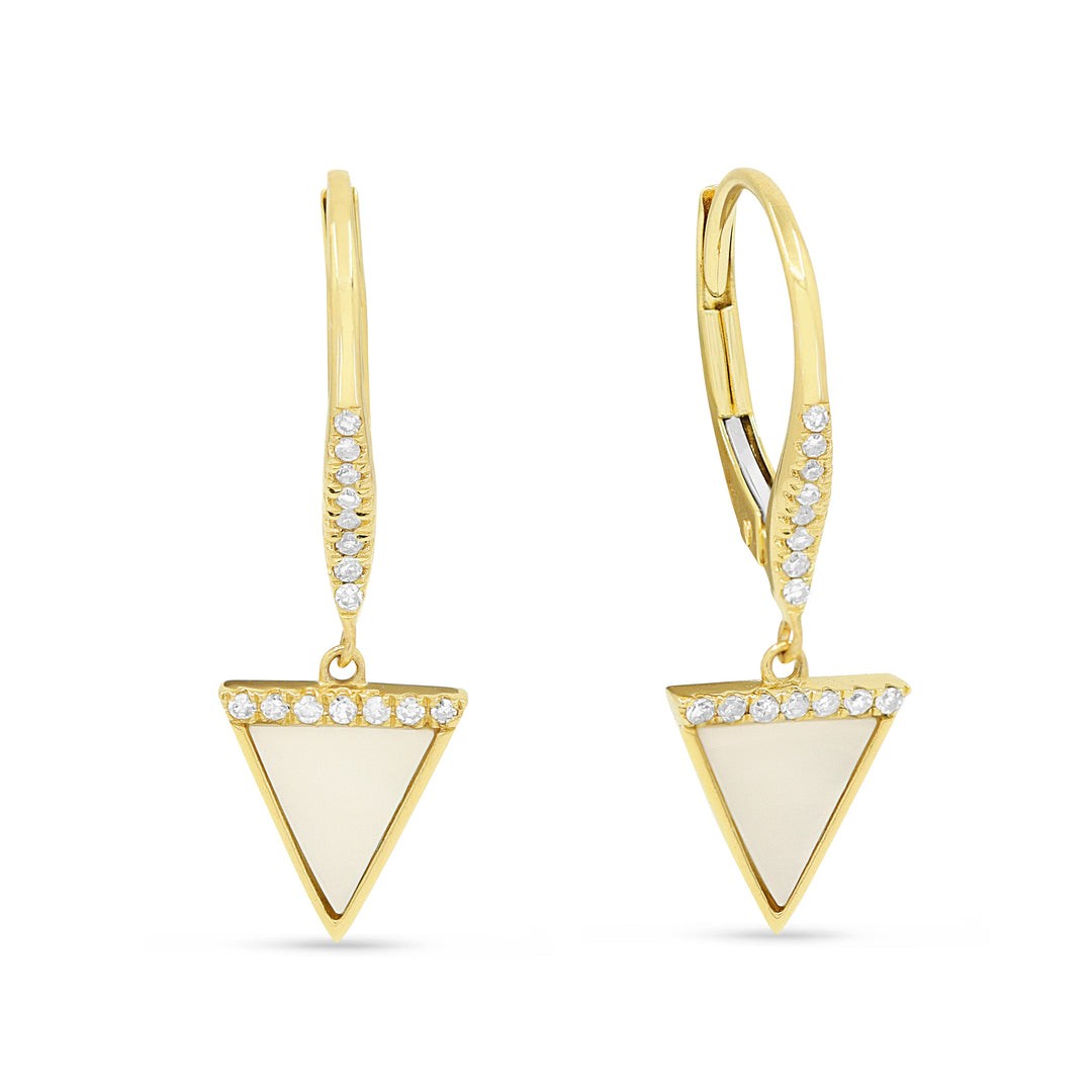 Beautiful Hand Crafted 14K Yellow Gold  Mother Of Pearl And Diamond Milano Collection Drop Dangle Earrings With A Lever Back Closure