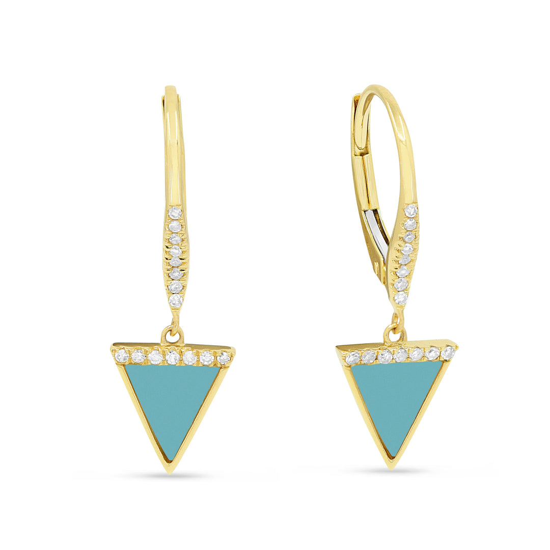 Beautiful Hand Crafted 14K Yellow Gold  Turquoise And Diamond Milano Collection Drop Dangle Earrings With A Lever Back Closure