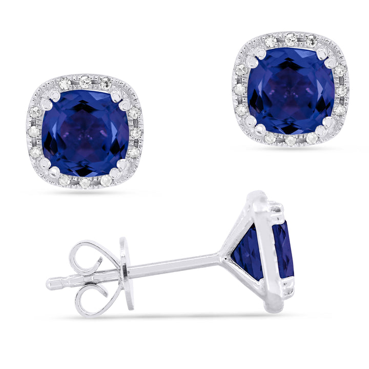 Beautiful Hand Crafted 14K White Gold 6MM Created Sapphire And Diamond Essentials Collection Stud Earrings With A Push Back Closure