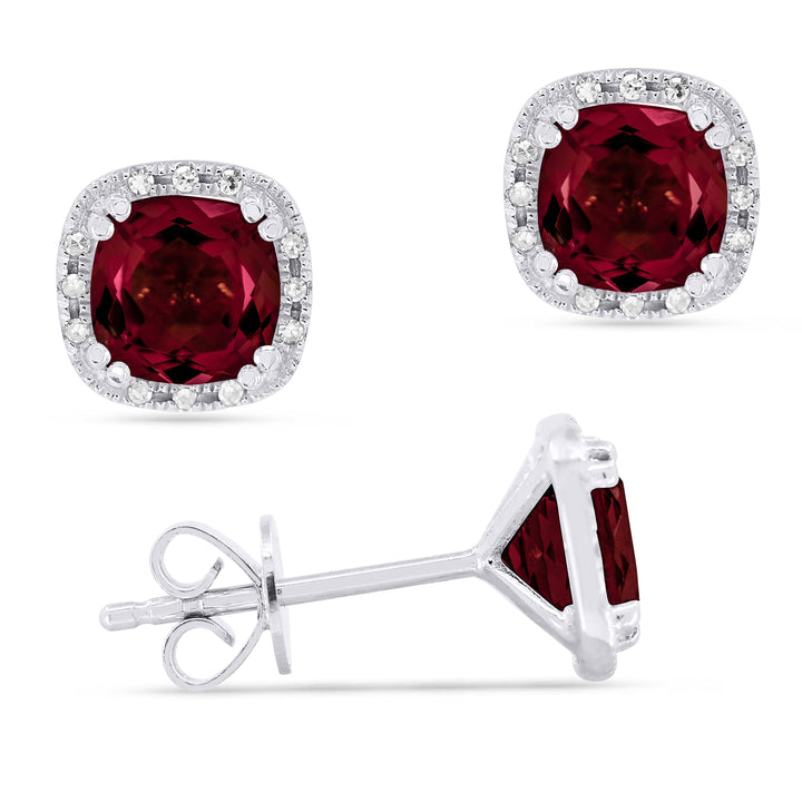 Beautiful Hand Crafted 14K White Gold 6MM Garnet And Diamond Essentials Collection Stud Earrings With A Push Back Closure