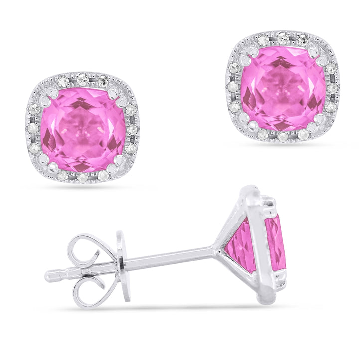 Beautiful Hand Crafted 14K White Gold 6MM Created Pink Sapphire And Diamond Essentials Collection Stud Earrings With A Push Back Closure