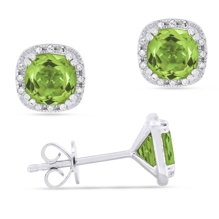 Beautiful Hand Crafted 14K White Gold 6MM Peridot And Diamond Essentials Collection Stud Earrings With A Push Back Closure