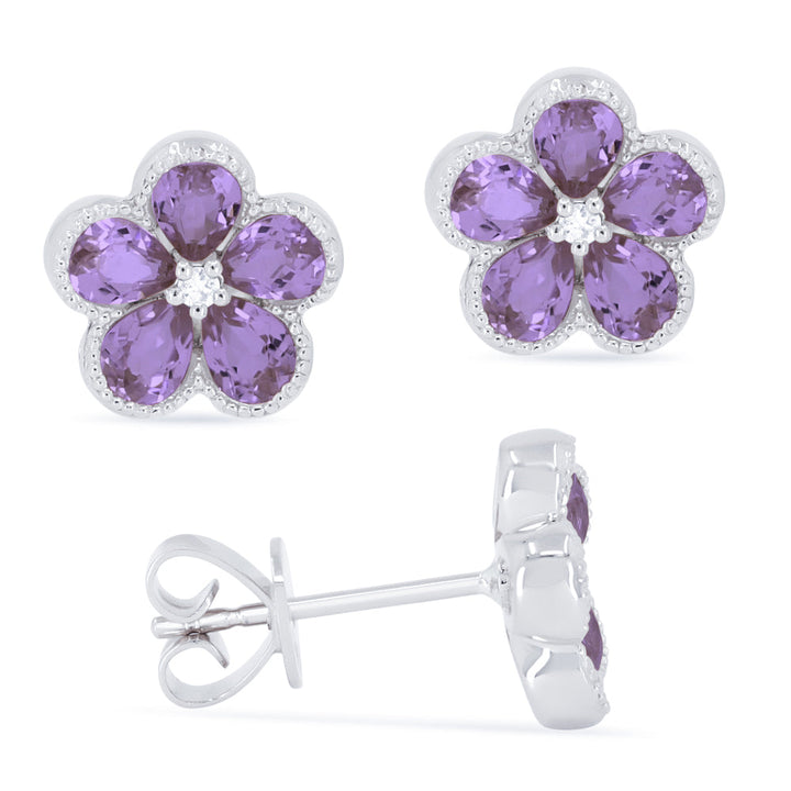Beautiful Hand Crafted 14K White Gold 3X4MM Amethyst And Diamond Essentials Collection Stud Earrings With A Push Back Closure