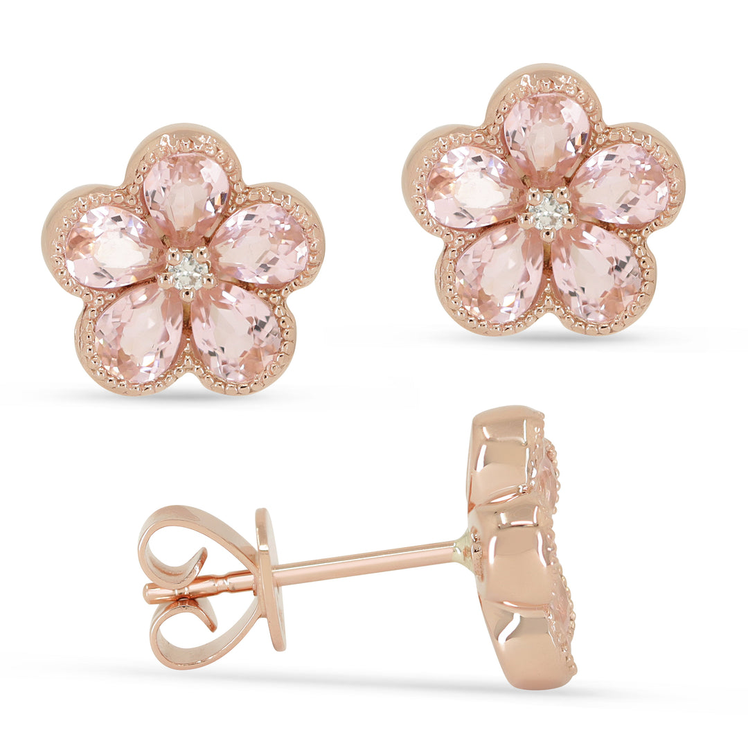 Beautiful Hand Crafted 14K Rose Gold 3X4MM Created Morganite And Diamond Essentials Collection Stud Earrings With A Push Back Closure