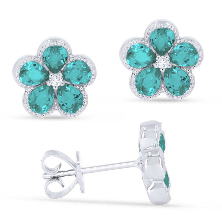 Beautiful Hand Crafted 14K White Gold 3X4MM Created Tourmaline Paraiba And Diamond Essentials Collection Stud Earrings With A Push Back Closure