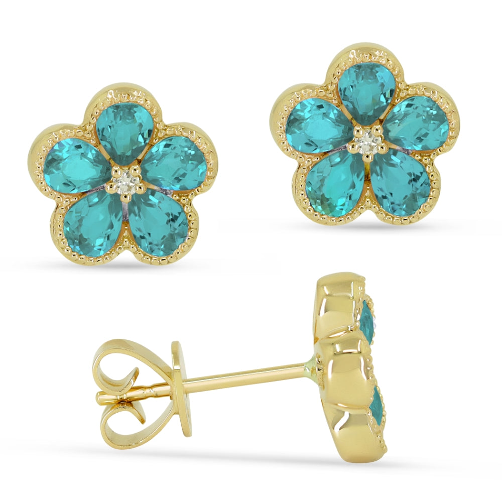 Beautiful Hand Crafted 14K Yellow Gold 3X4MM Created Tourmaline Paraiba And Diamond Essentials Collection Stud Earrings With A Push Back Closure