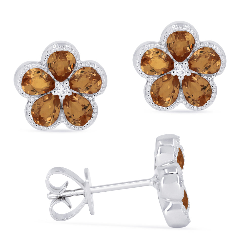 Beautiful Hand Crafted 14K White Gold 3X4MM Citrine And Diamond Essentials Collection Stud Earrings With A Push Back Closure