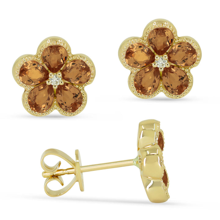 Beautiful Hand Crafted 14K Yellow Gold 3X4MM Citrine And Diamond Essentials Collection Stud Earrings With A Push Back Closure