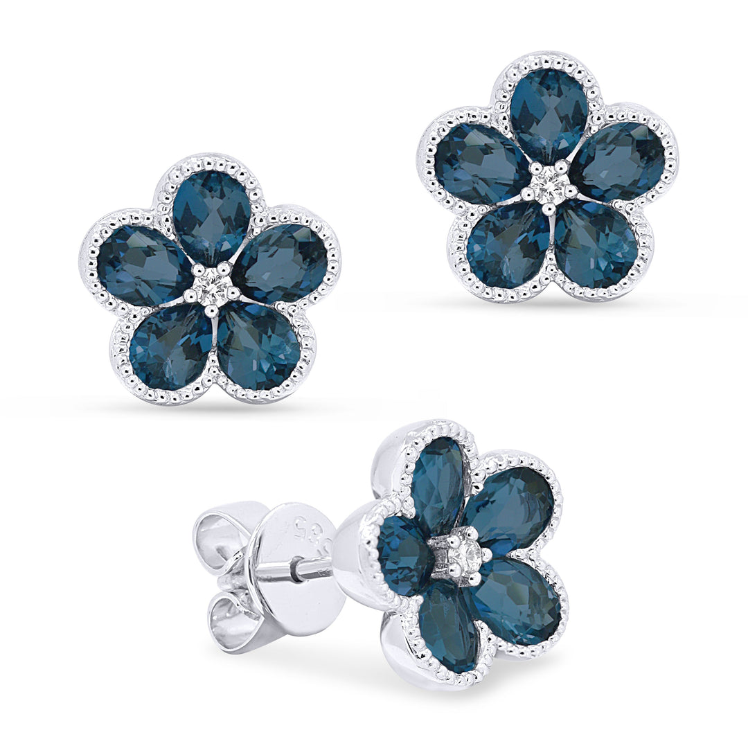 Beautiful Hand Crafted 14K White Gold 3X4MM London Blue Topaz And Diamond Essentials Collection Stud Earrings With A retail-facing