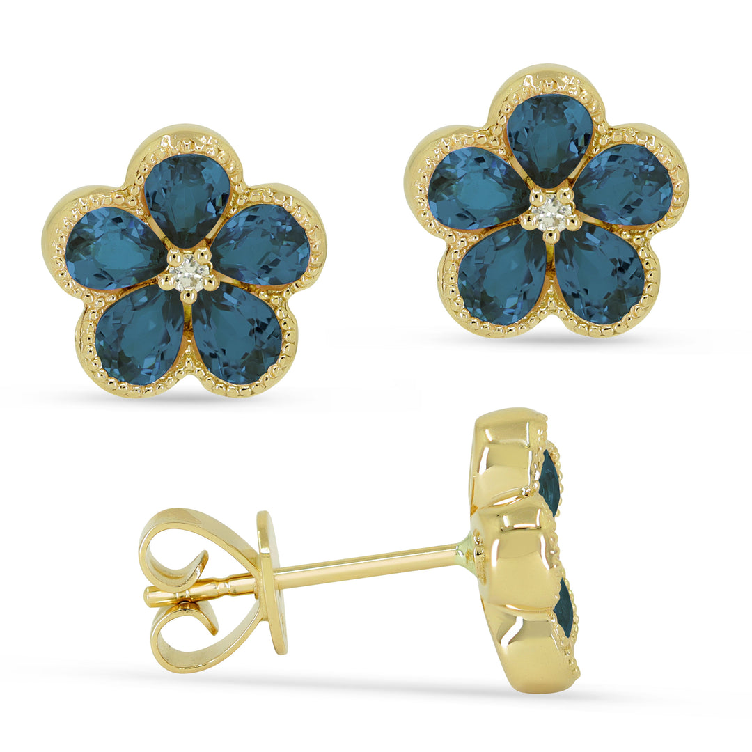 Beautiful Hand Crafted 14K Yellow Gold 3X4MM London Blue Topaz And Diamond Essentials Collection Stud Earrings With A Push Back Closure