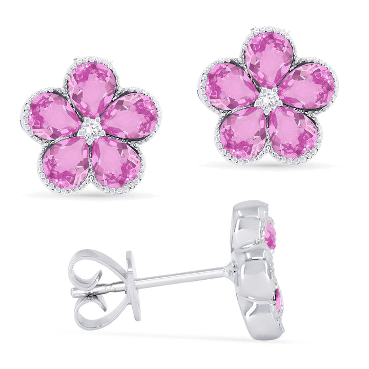 Beautiful Hand Crafted 14K White Gold 3X4MM Created Pink Sapphire And Diamond Essentials Collection Stud Earrings With A Push Back Closure